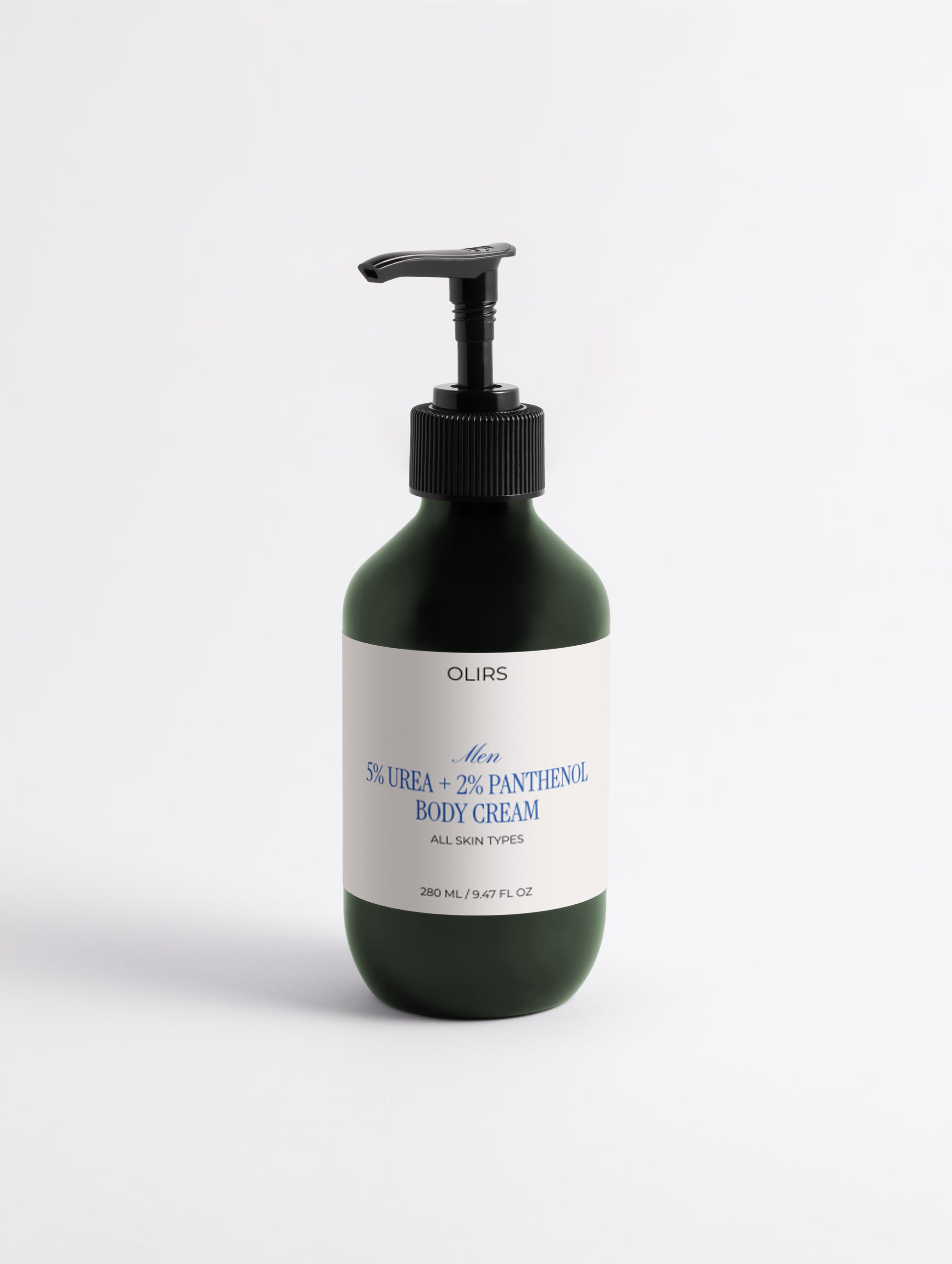 5% Urea + 2% Panthenol Body Cream in a green pump bottle for all skin types.