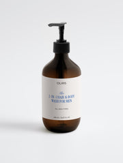The 2-IN-1 HAIR & BODY WASH FOR MEN in amber bottle with pump, ideal for all skin types.