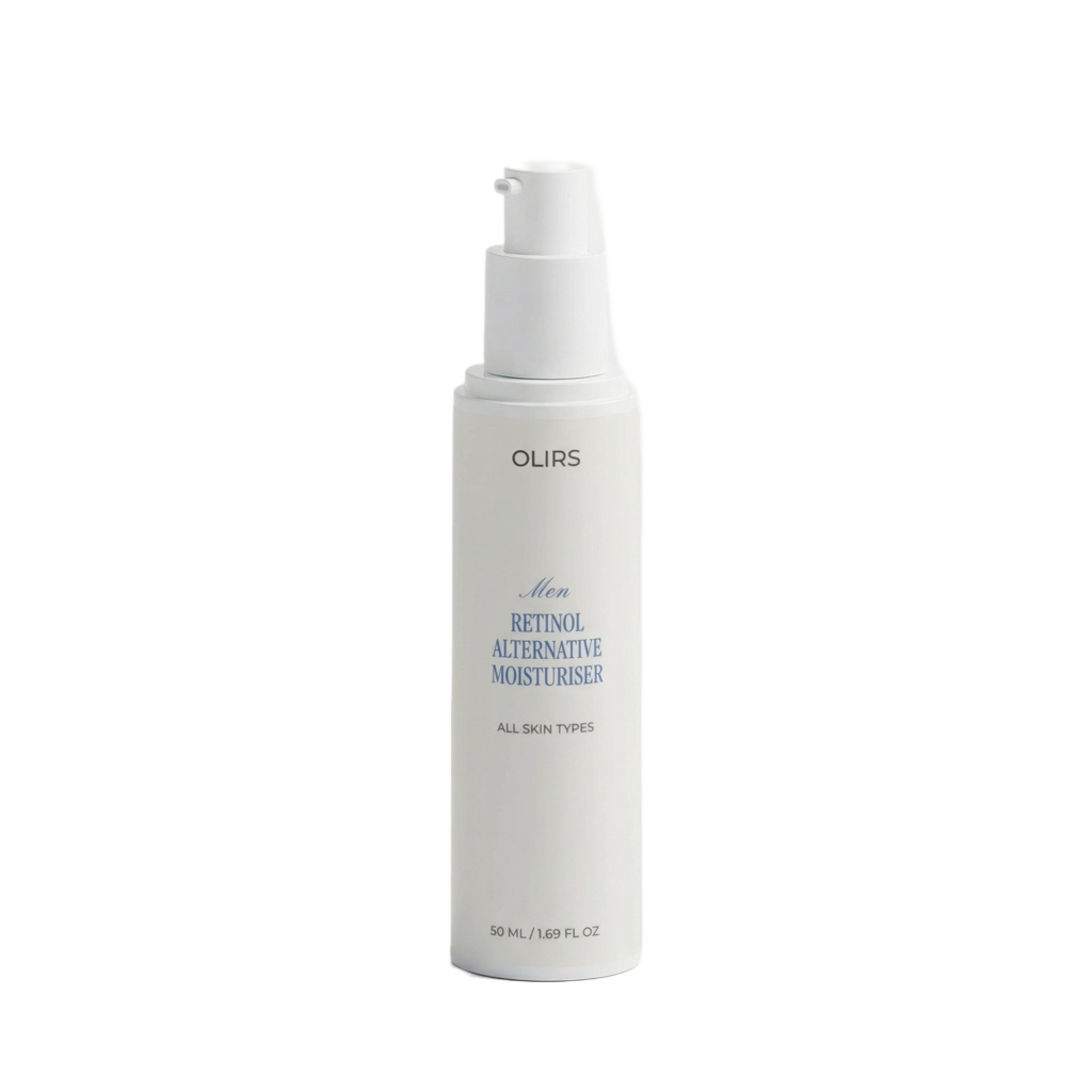 Men Retinol Alternative Moisturiser by OLIRS for all skin types in a sleek pump bottle.